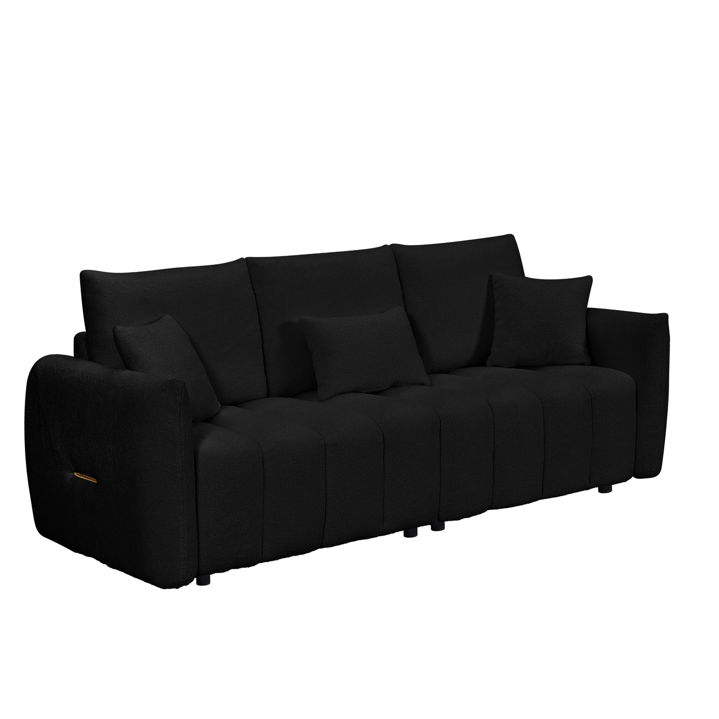 Black fabric sectional sofa with plush throw pillows