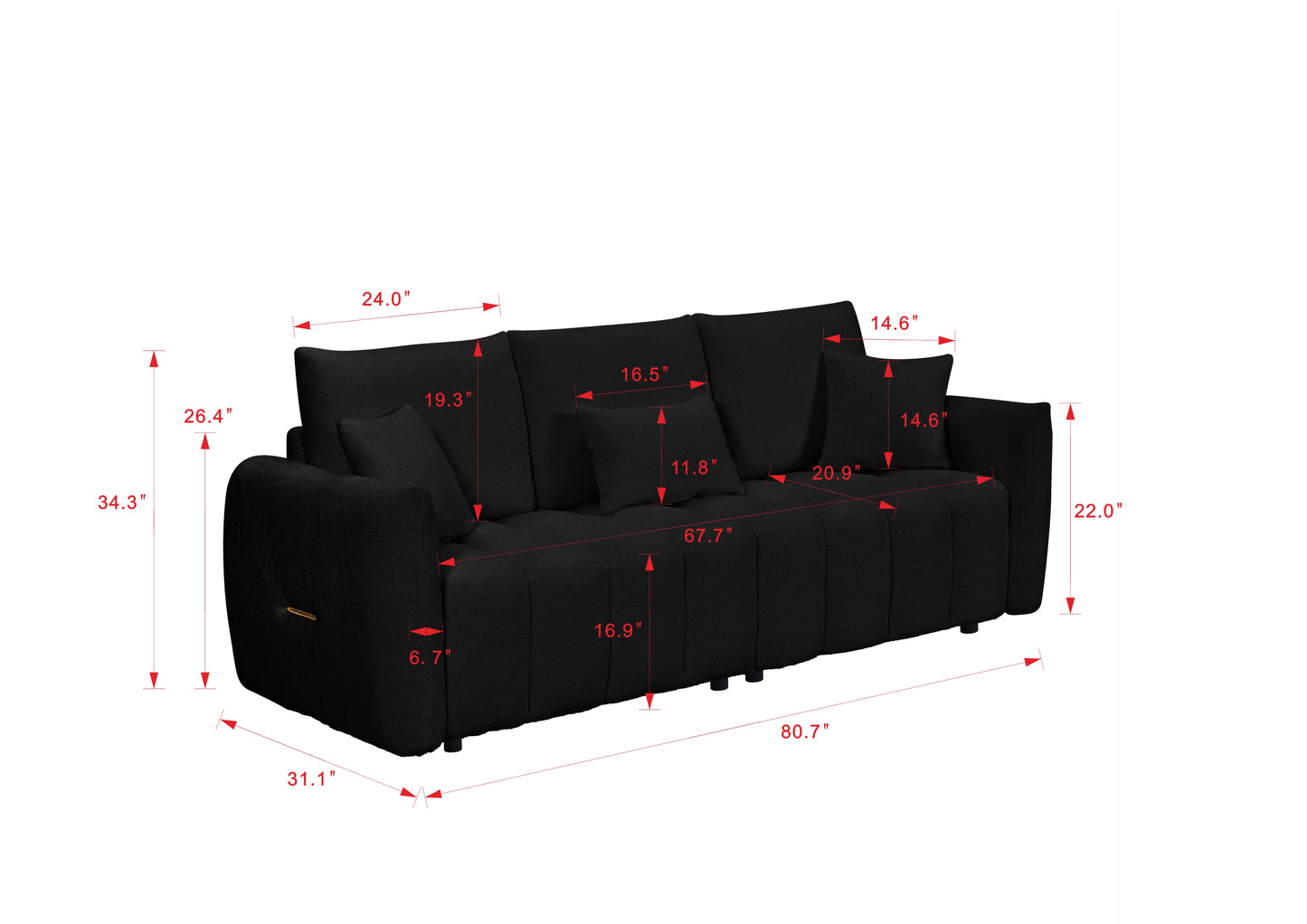Black textured sectional sofa with multiple cushions and dimension labels