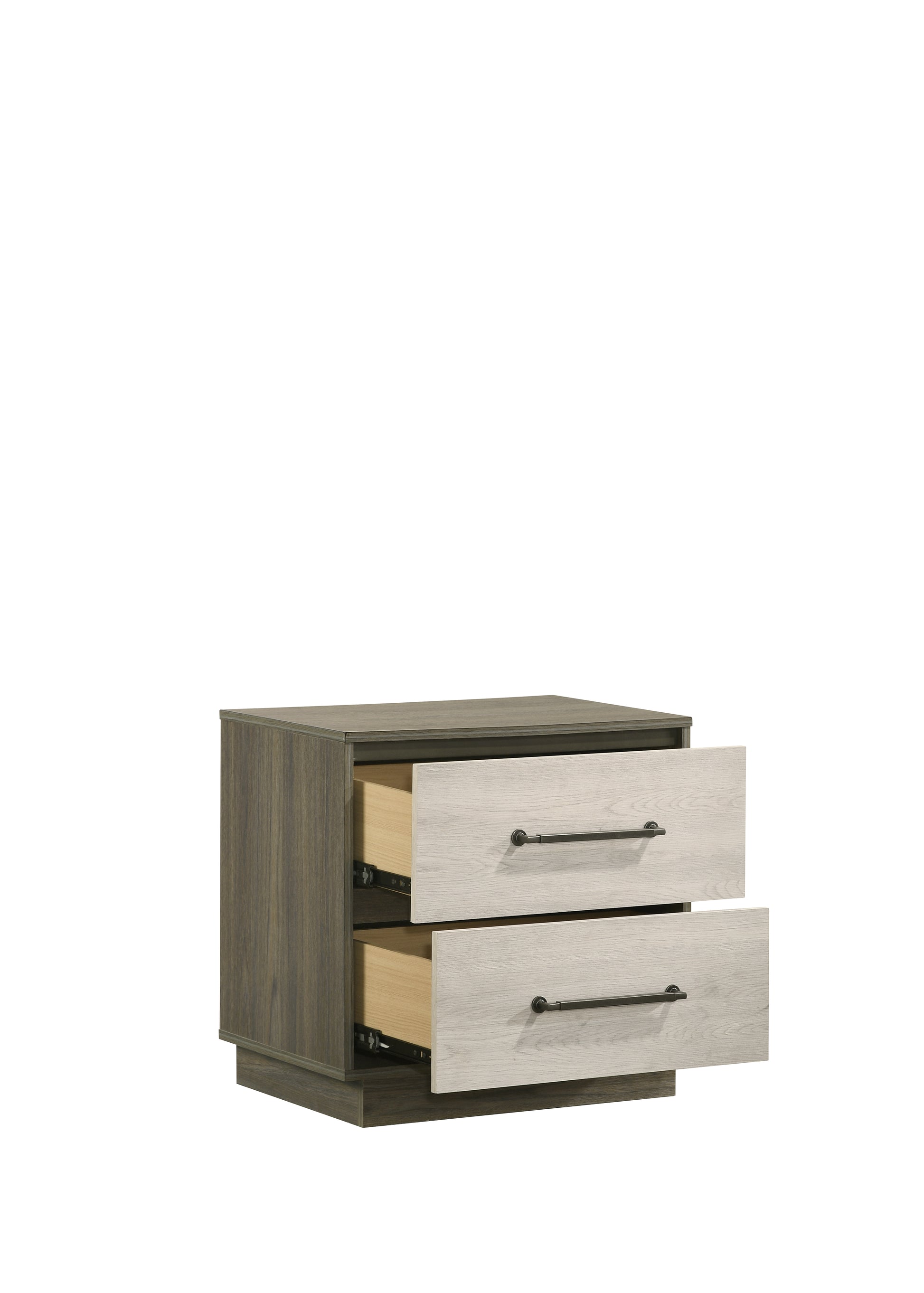 Rustic grey and white twodrawer nightstand with dark metal hardware
