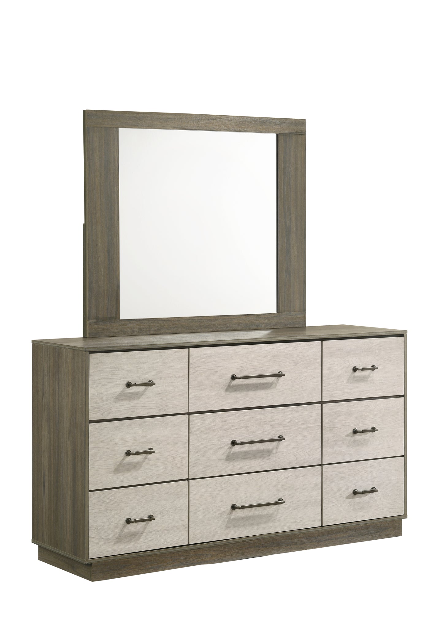Rustic grey and white wood dresser with nine drawers and mirror