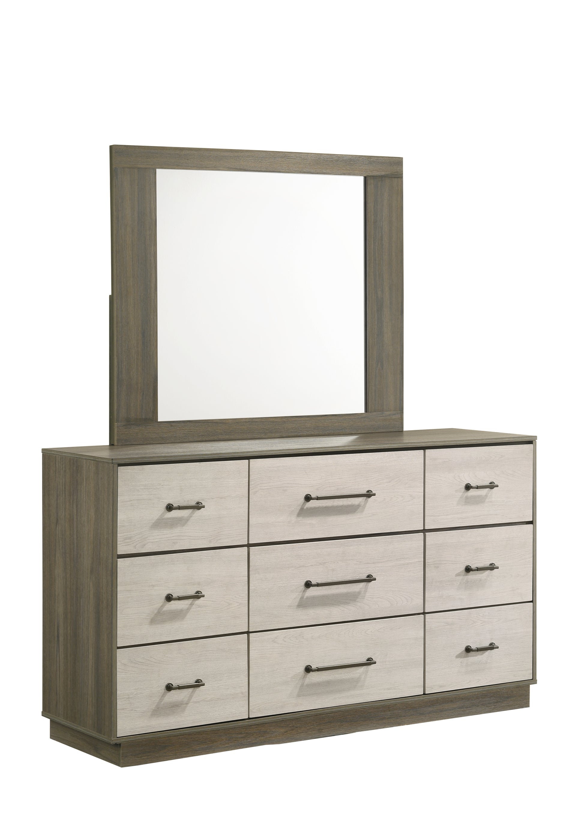 Rustic grey and white wood dresser with nine drawers and mirror
