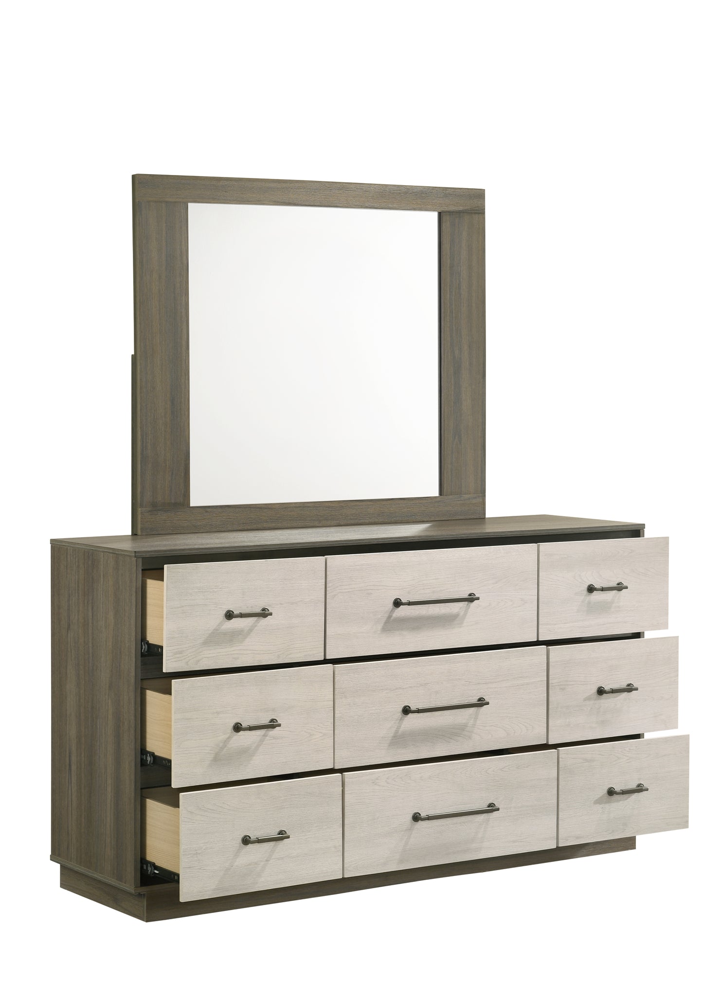 Modern grey and white wood dresser with nine drawers and attached mirror