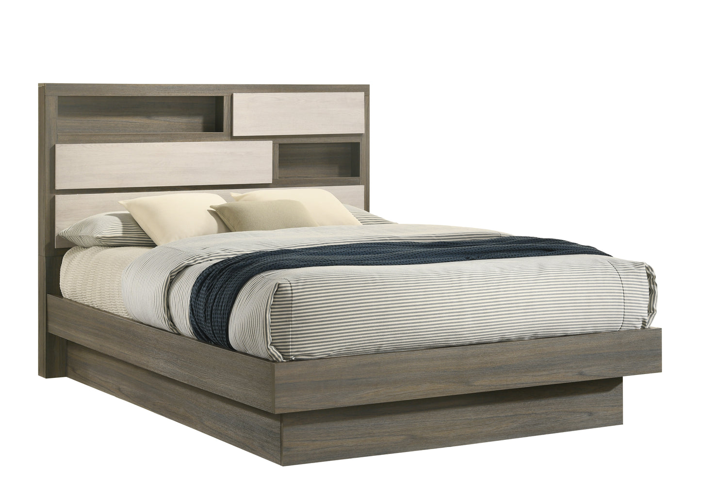 Modern grey and white platform bed with builtin headboard shelves