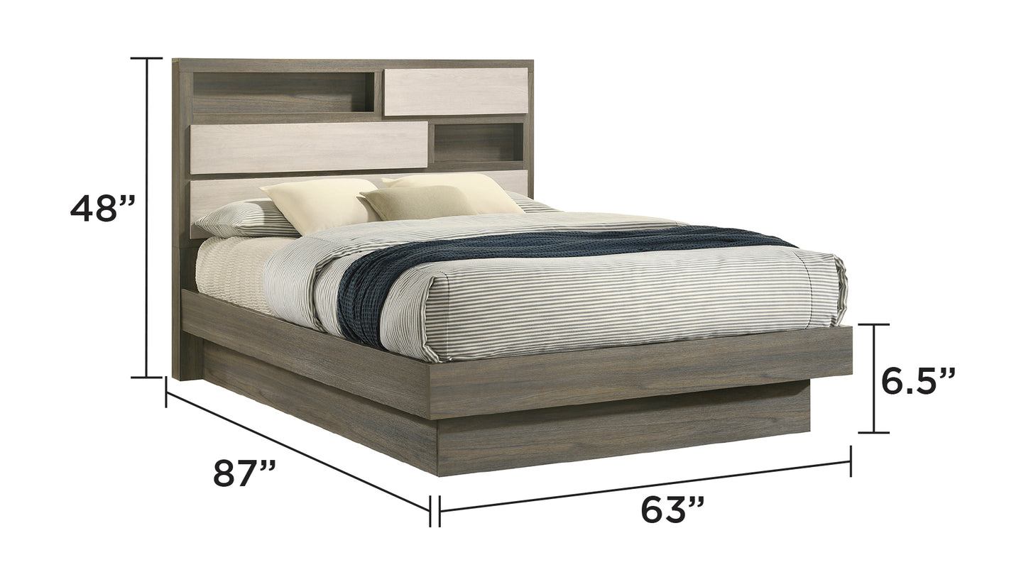Modern platform bed frame with grey and white twotone headboard