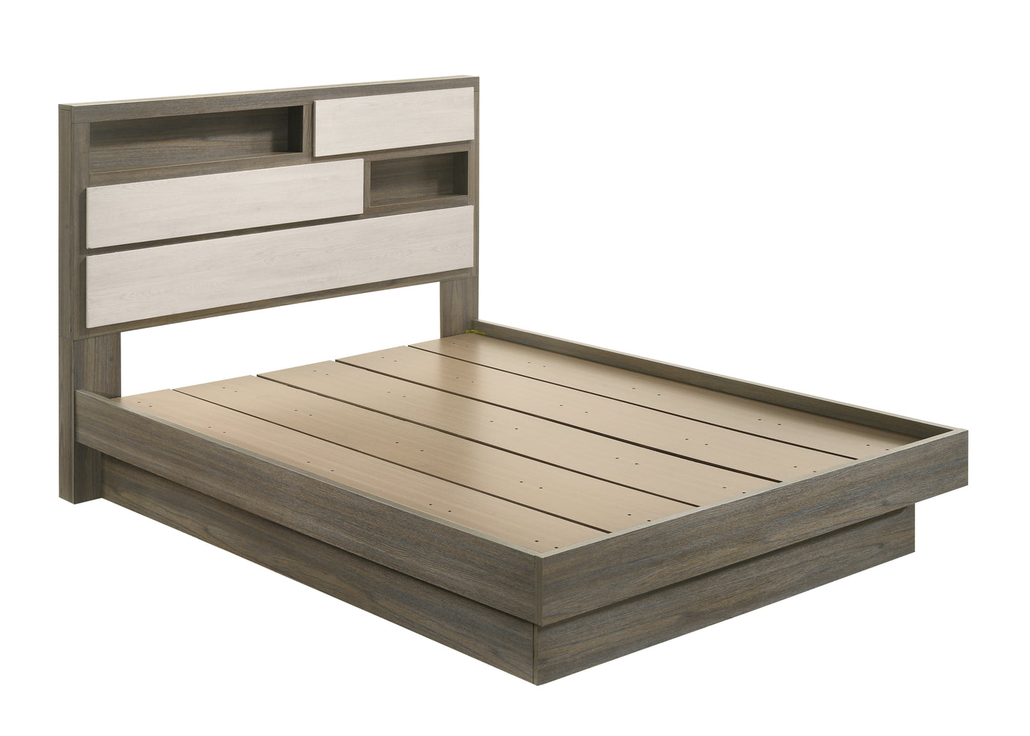 Modern platform bed frame with dualtone wood finish and integrated shelving