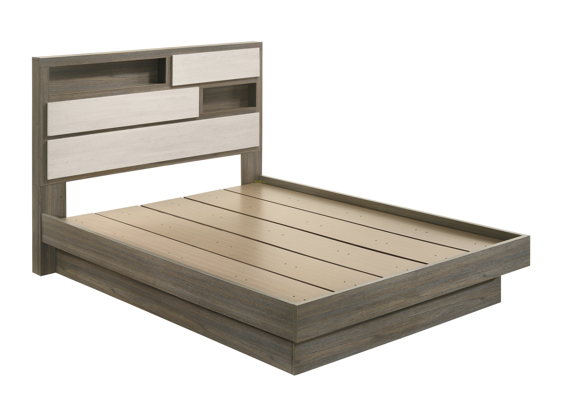 Modern platform bed frame with dualtone wood finish and integrated shelving
