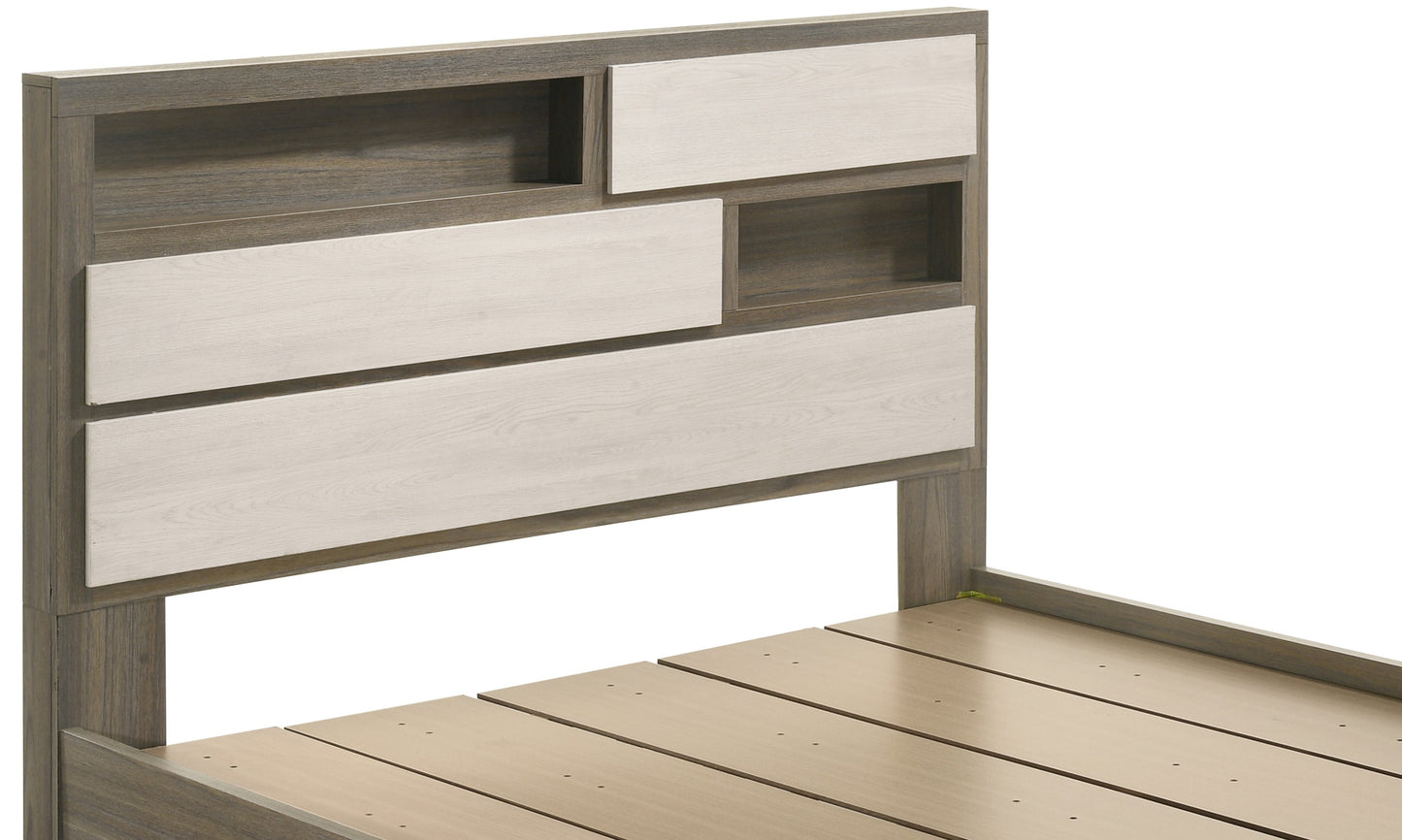 Modern grey wood and white wood headboard with integrated shelving