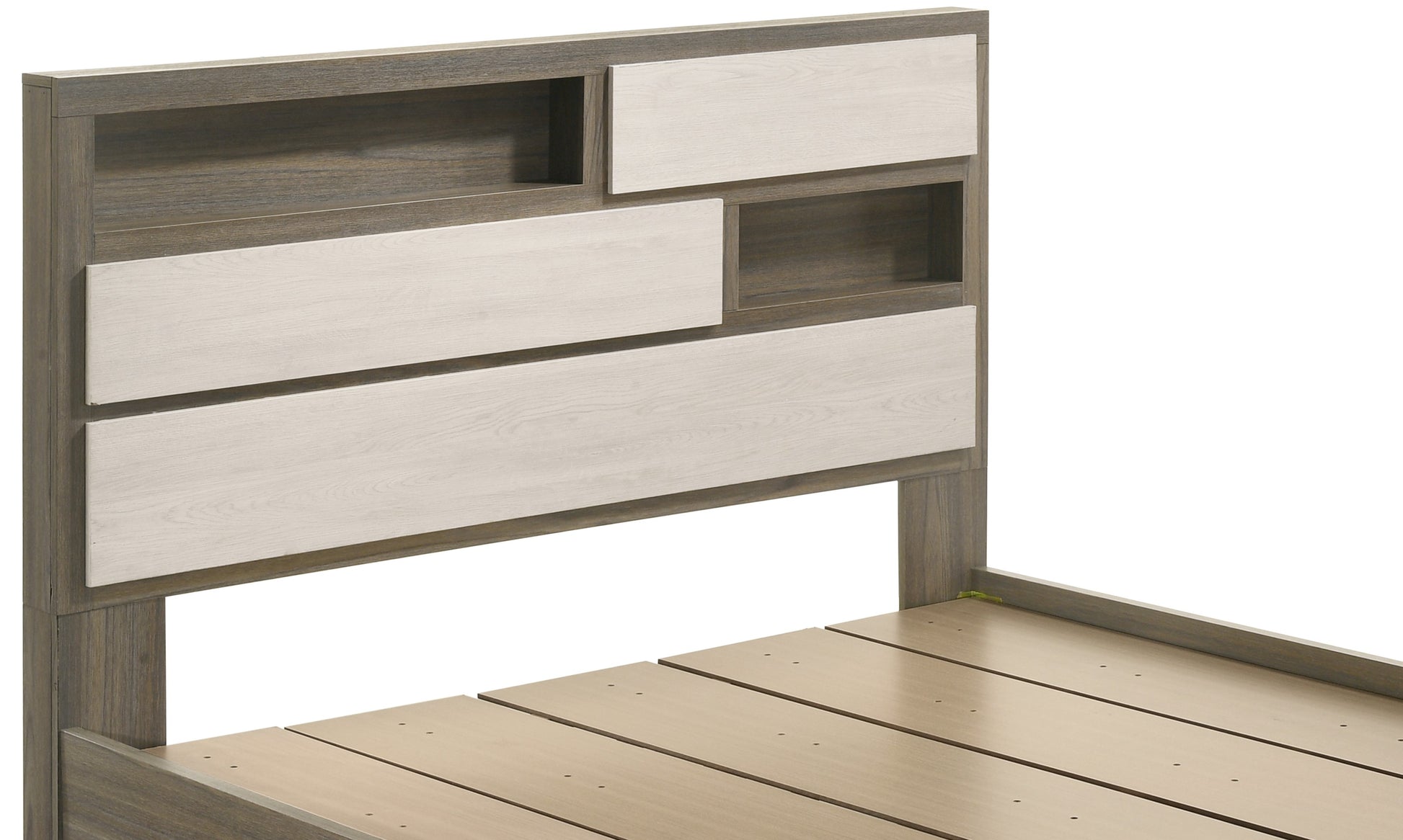 Modern grey wood and white wood headboard with integrated shelving