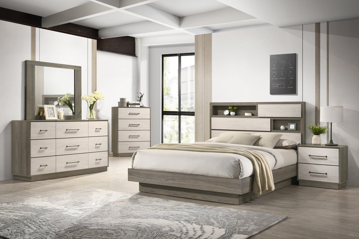 Modern grey wood and white dresser with six drawers and silver handles