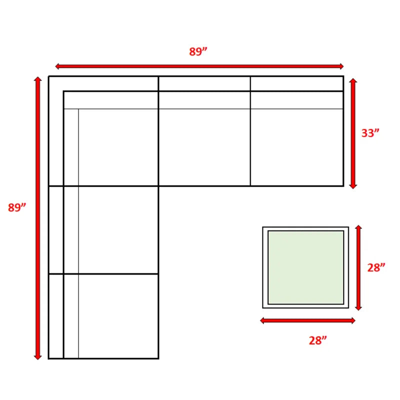 Topdown diagram of an Lshaped sectional sofa with dimensions xx