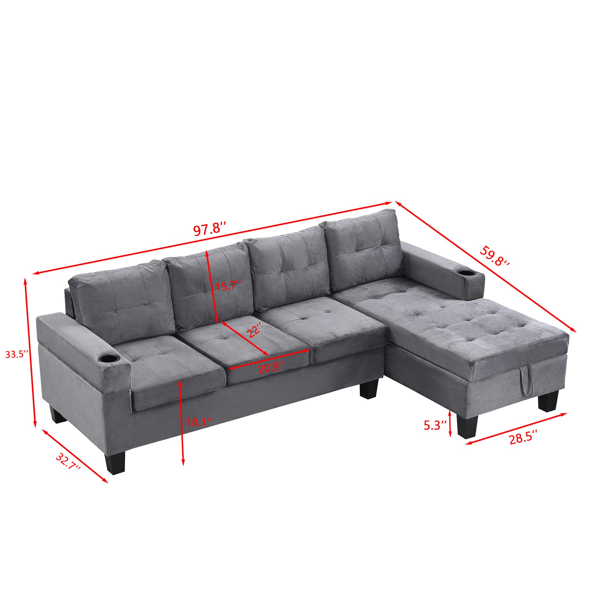 Gray velvet sectional sofa with tufted cushions and hidden storage chaise