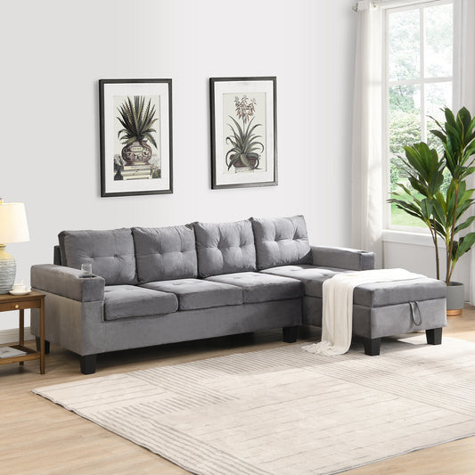 Plush gray velvet sectional sofa with tufted cushions and hidden storage ottoman