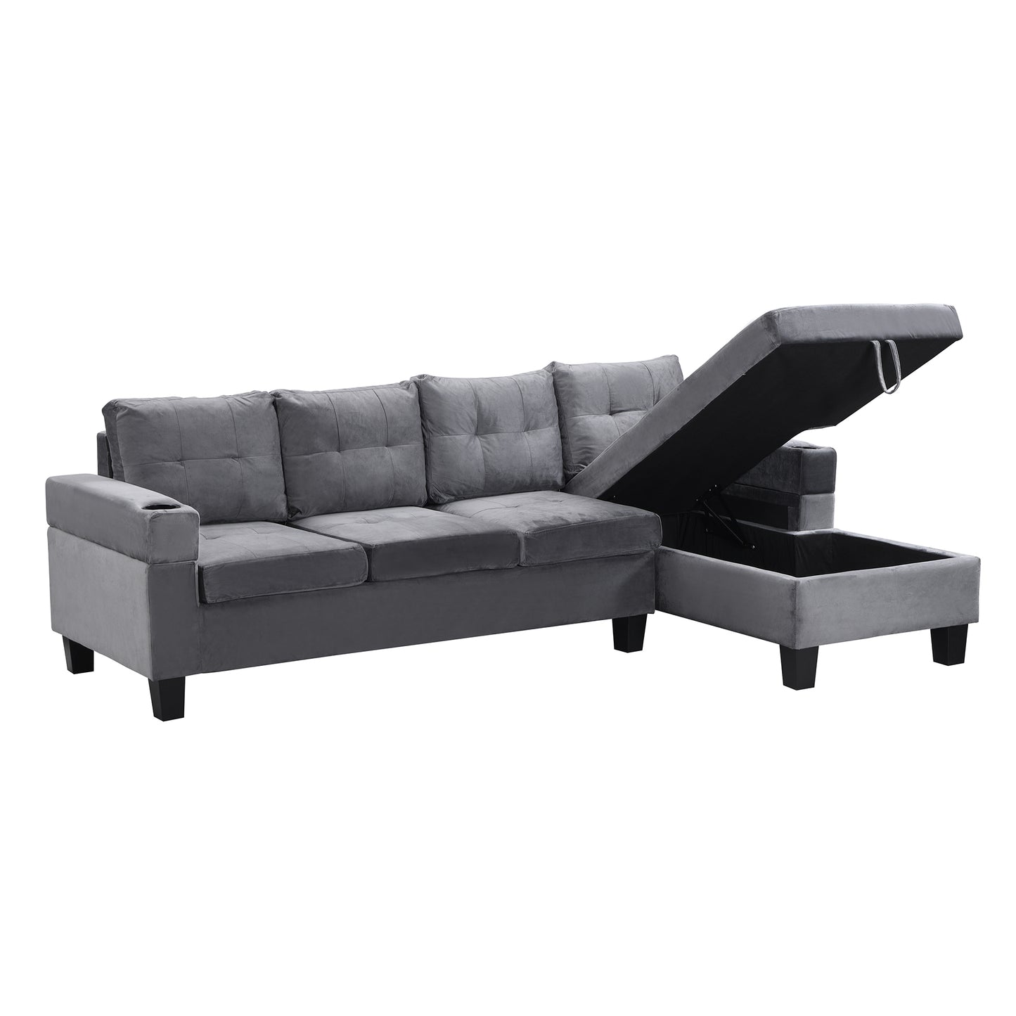 Grey velvet sectional sofa with lifttop chaise storage