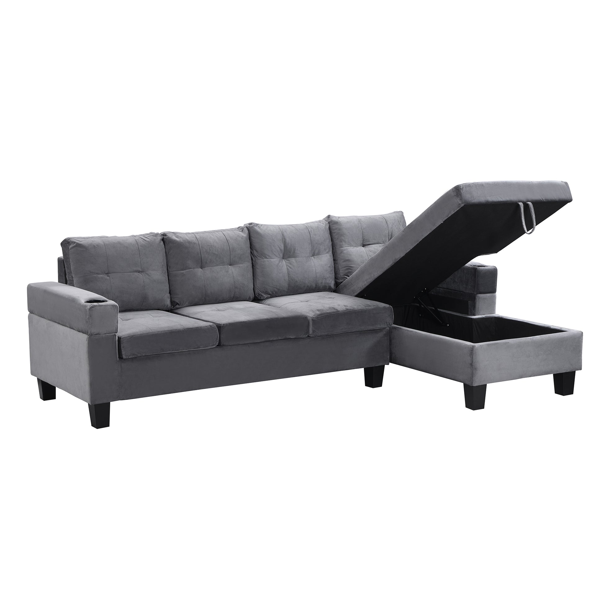 Grey velvet sectional sofa with lifttop chaise storage