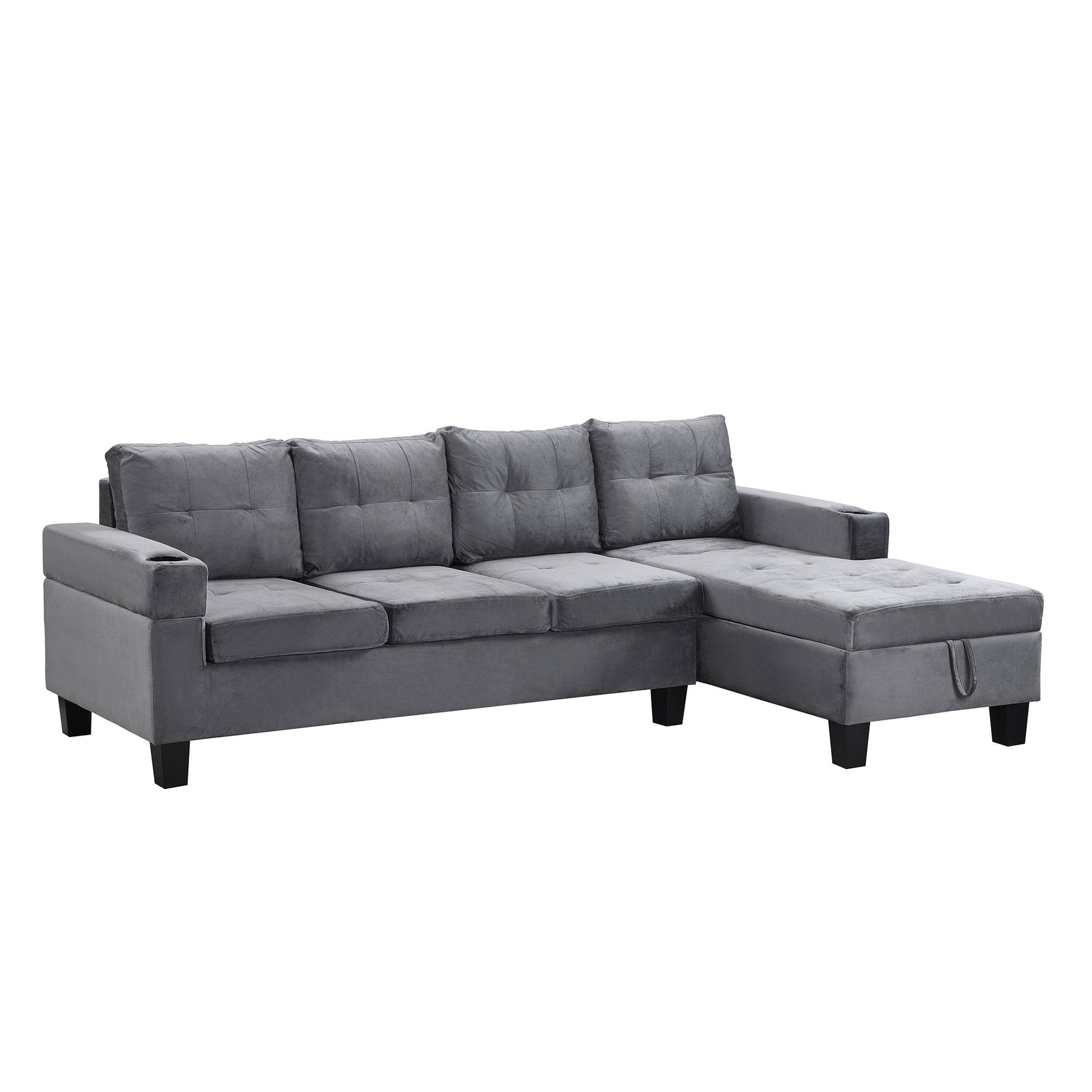 Grey velvet sectional sofa with chaise and hidden storage