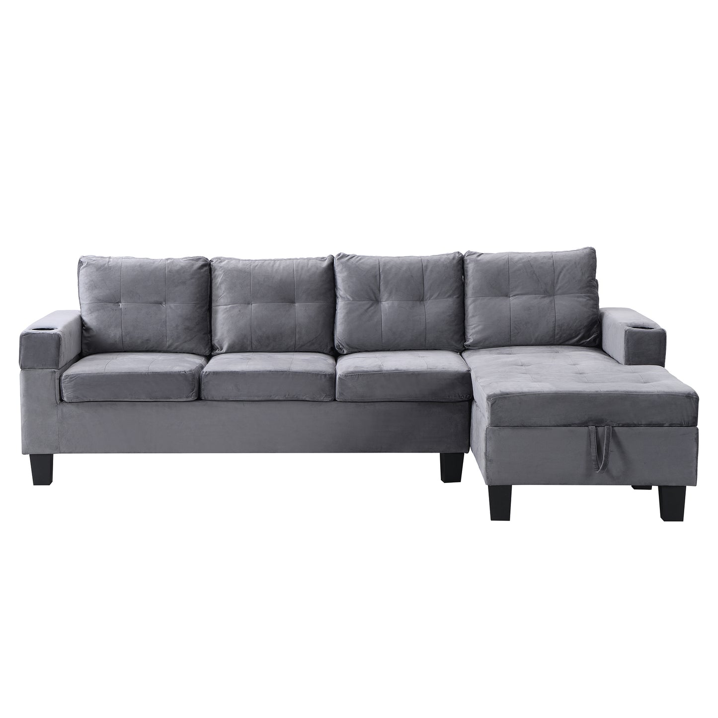 Gray velvet sectional sofa with tufted cushions and builtin cup holders