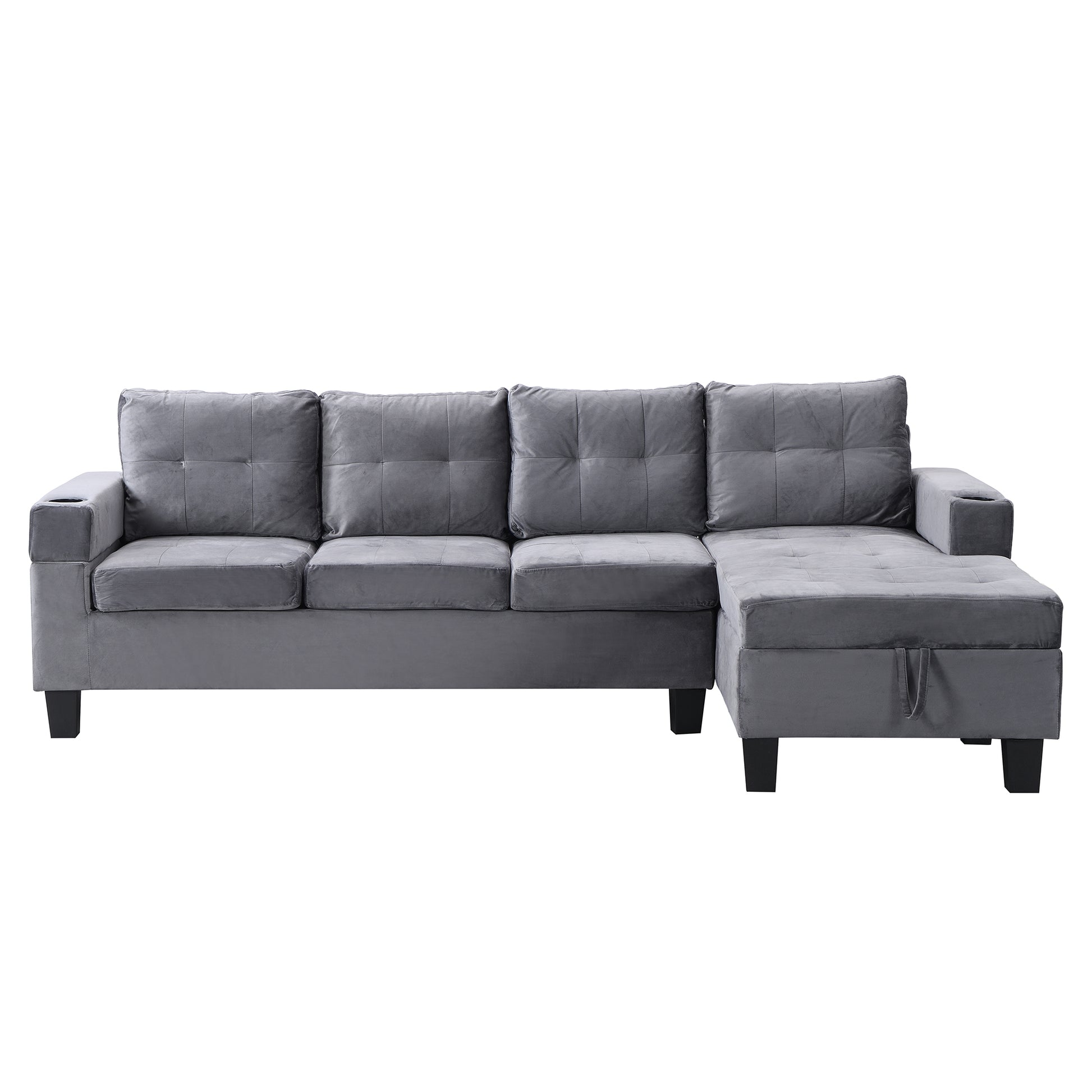 Gray velvet sectional sofa with tufted cushions and builtin cup holders