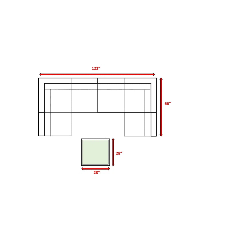 Diagram showing sectional sofa dimensions  x  with coffee table  x