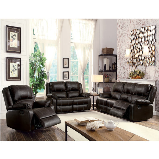 Dark brown leather recliner sofa with white stitching