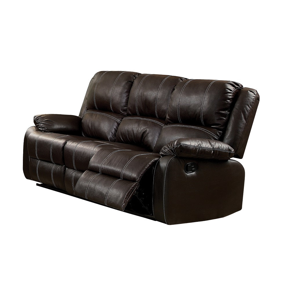 Dark brown leather loveseat recliner with white stitching