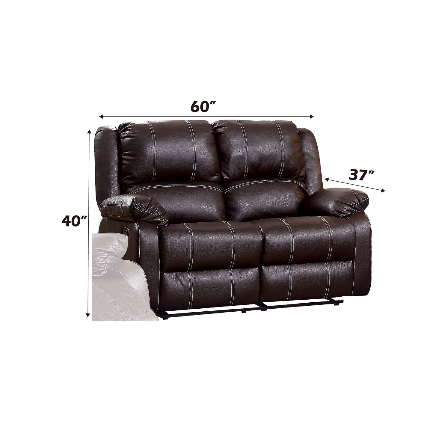 Brown leather loveseat recliner with white stitching