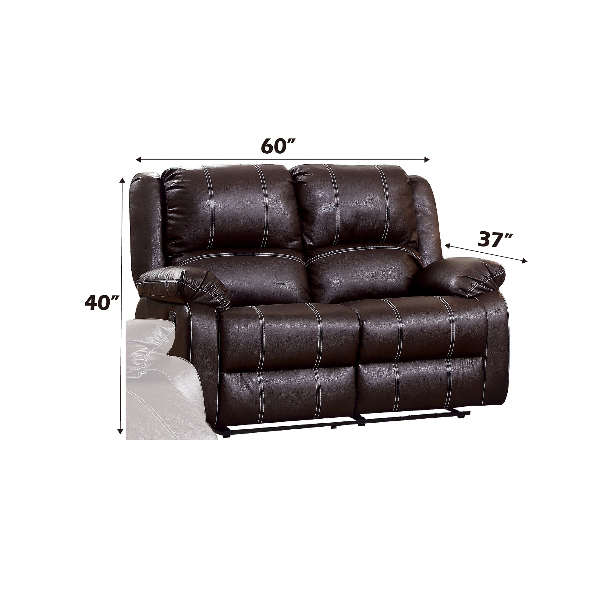 Brown leather loveseat recliner with white stitching