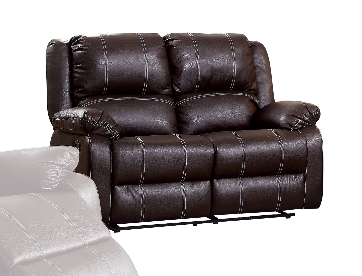 Dark brown faux leather loveseat recliner with white stitching