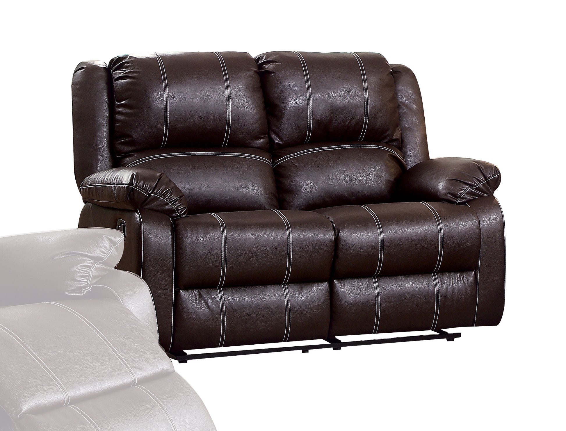 Dark brown faux leather loveseat recliner with white stitching