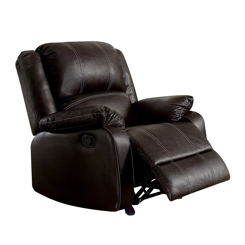 Brown Faux Leather Recliner with white contrast stitching and extended footrest