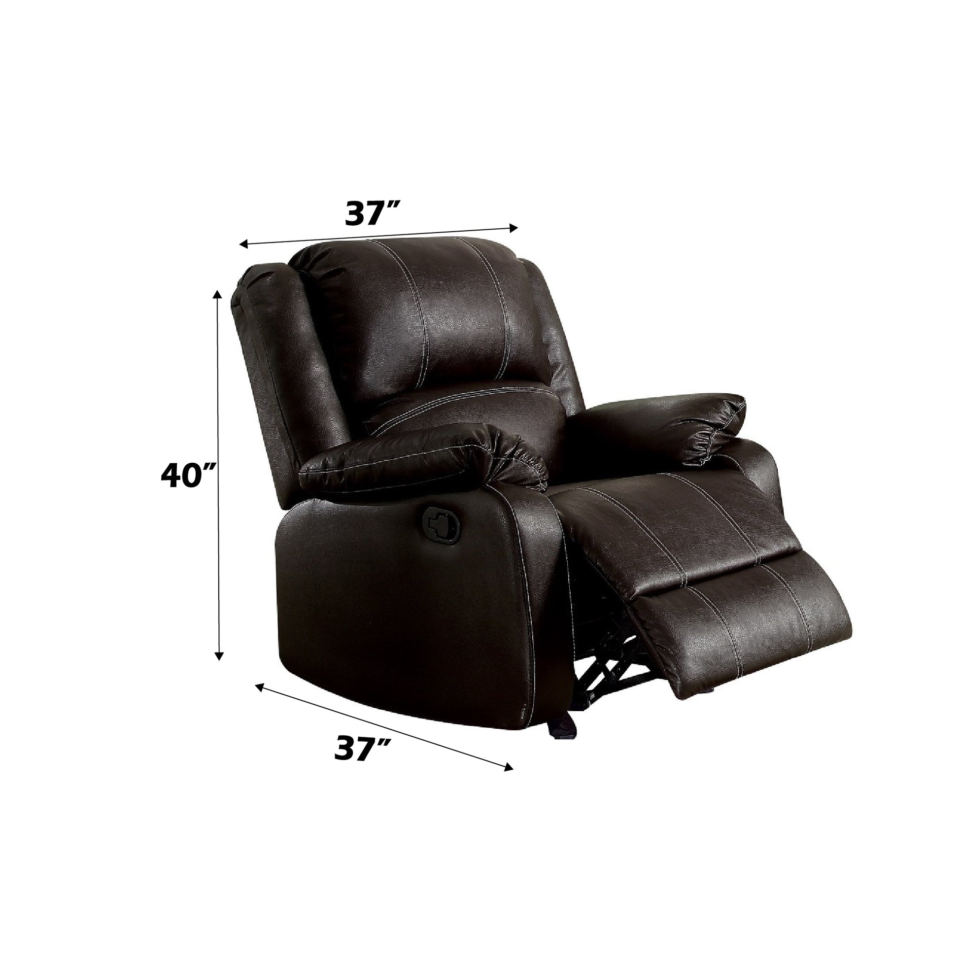 Dark brown faux leather recliner with white stitching details and dimensions labeled
