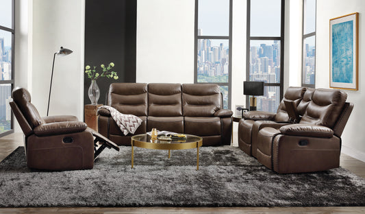 Brown leather reclining sofa with plush cushions and studded accents