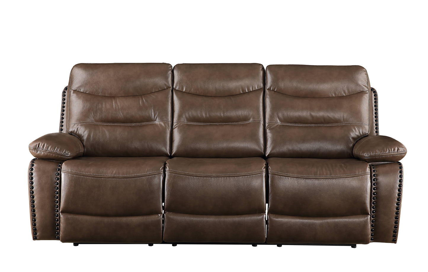 Brown leather recliner sofa with padded cushions and nailhead trim