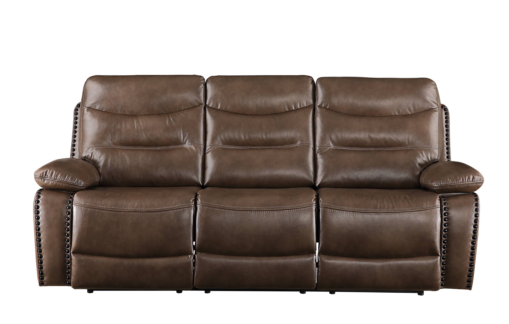 Brown leather recliner sofa with padded cushions and nailhead trim