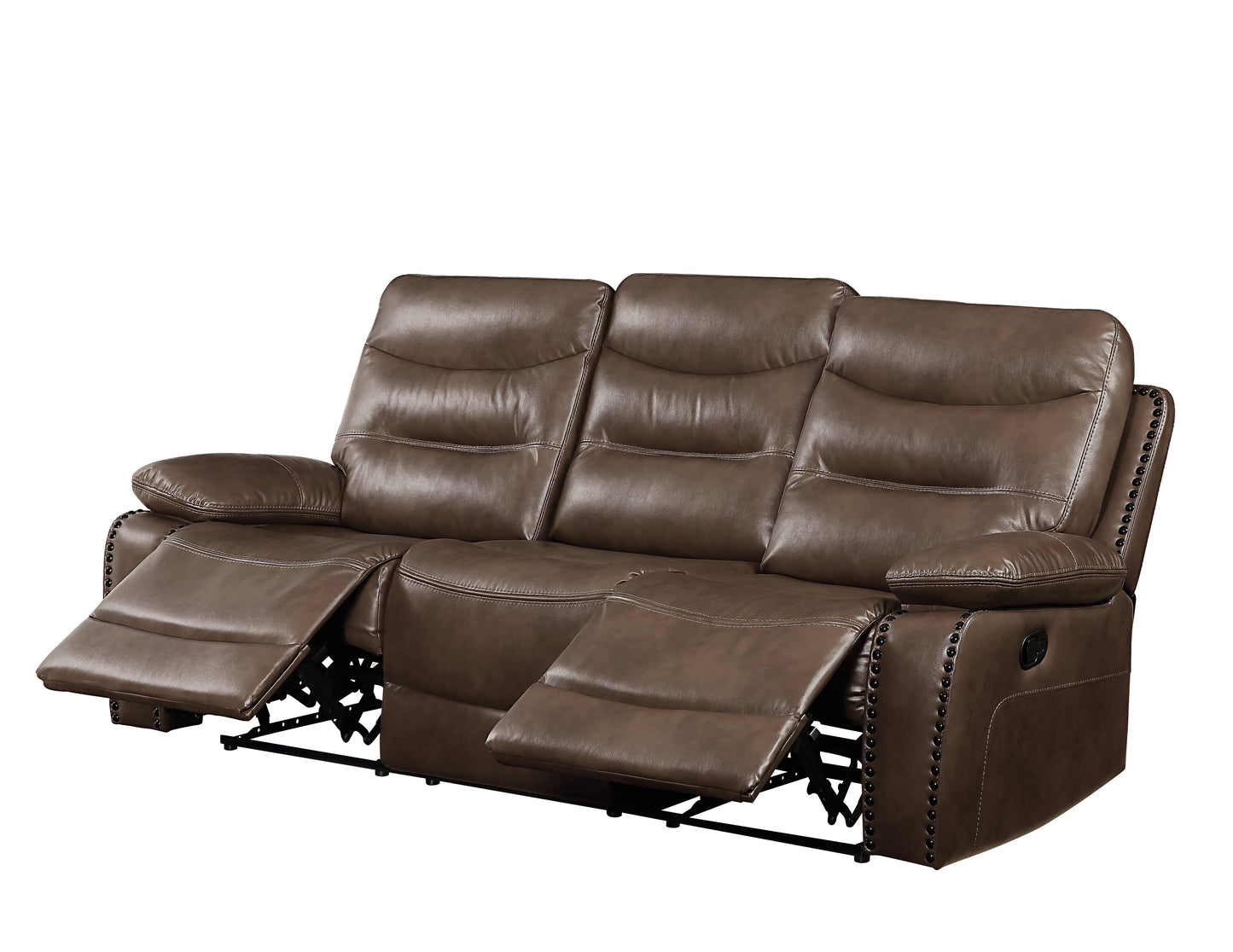 Brown faux leather seater reclining sofa with studded accents