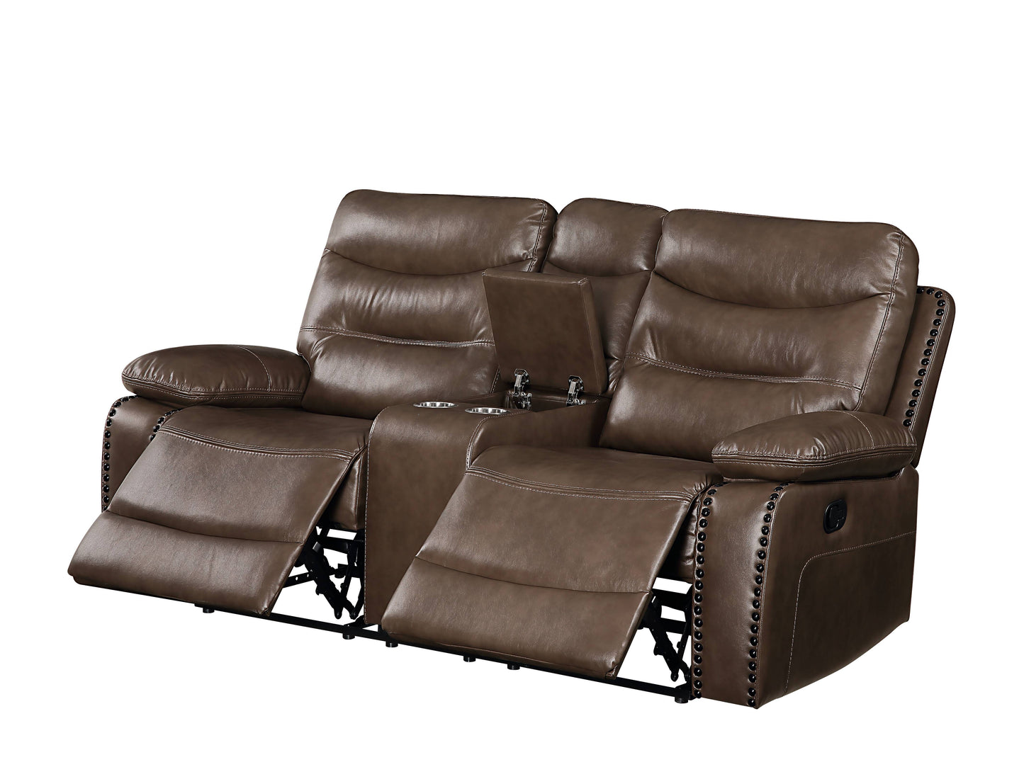 Brown leather loveseat recliner with cup holders and nailhead trim