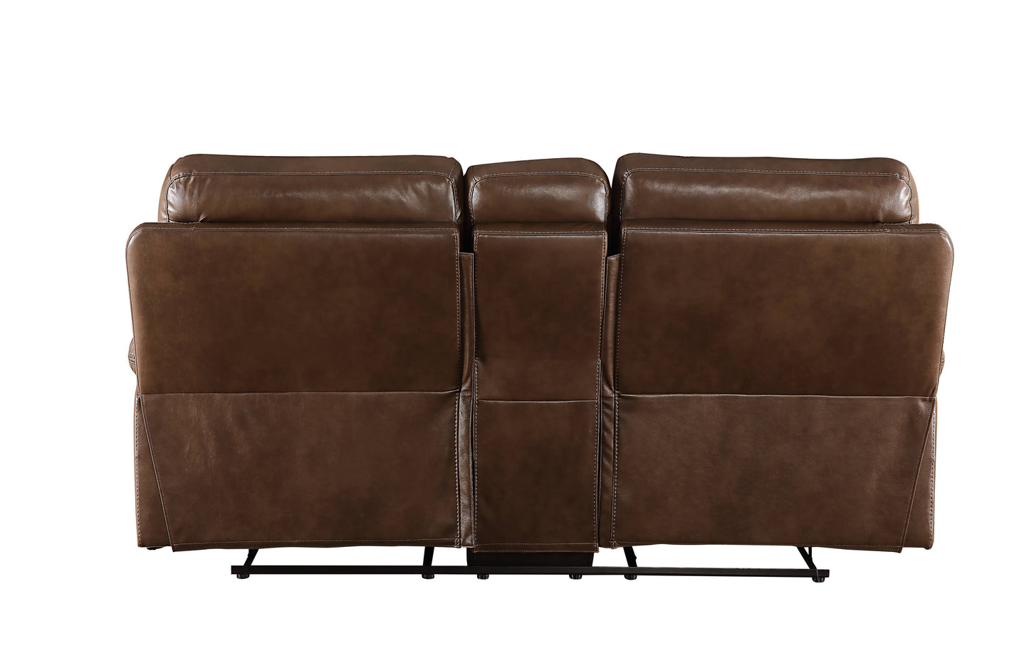 Brown leather recliner sofa back with plush cushions and white stitching