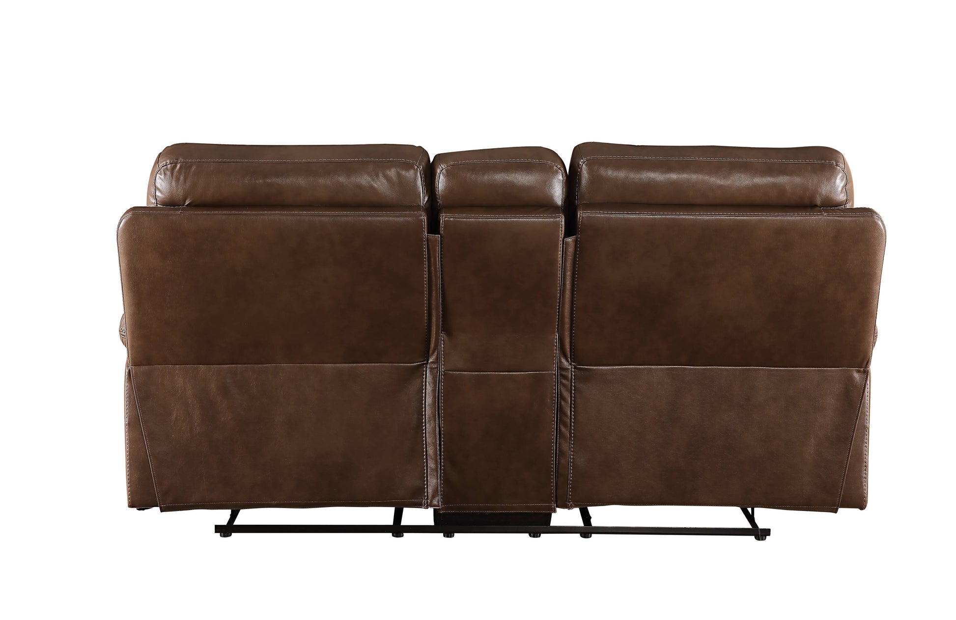 Brown leather recliner sofa back with plush cushions and white stitching