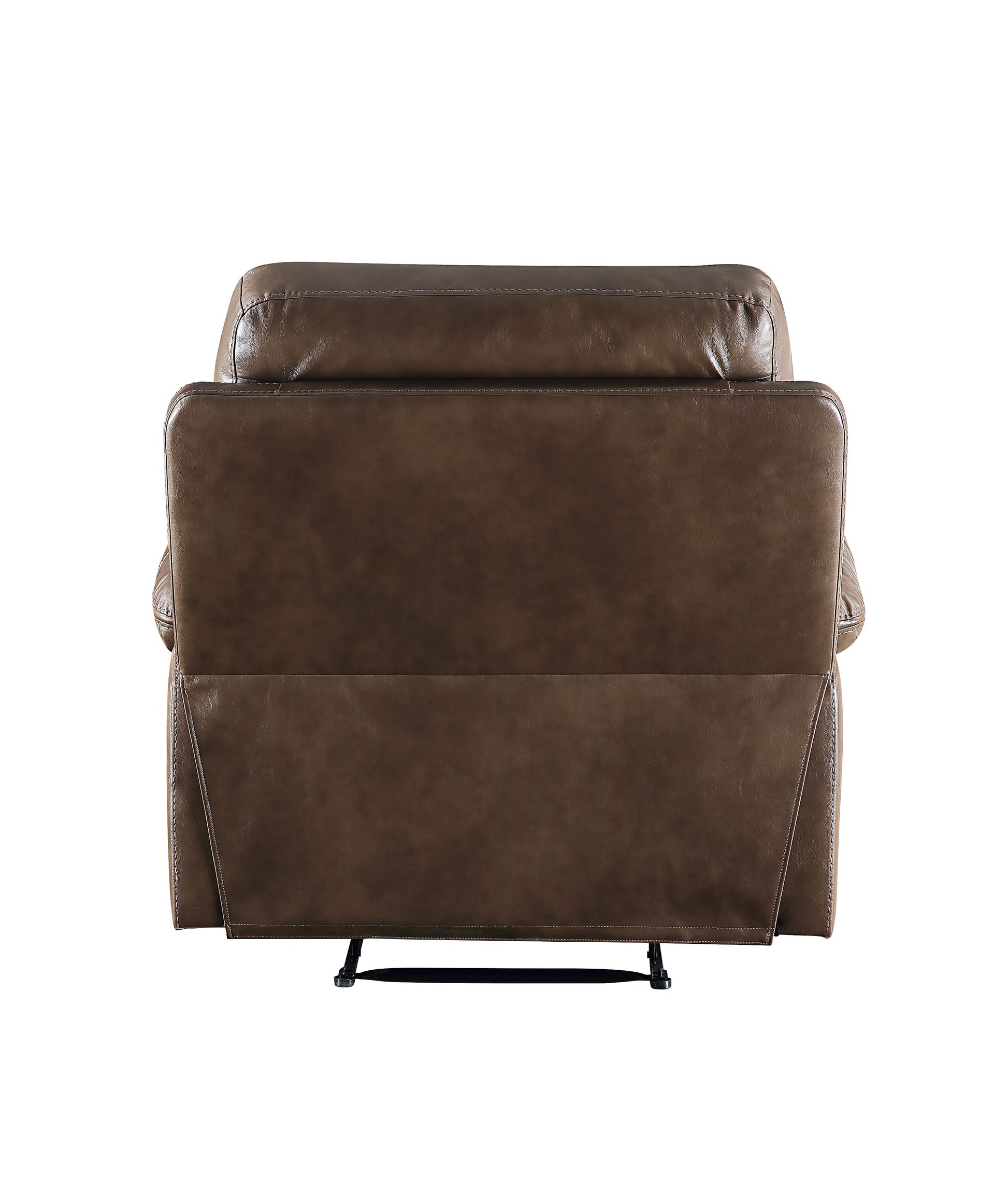 Back view of a plush brown leather recliner chair