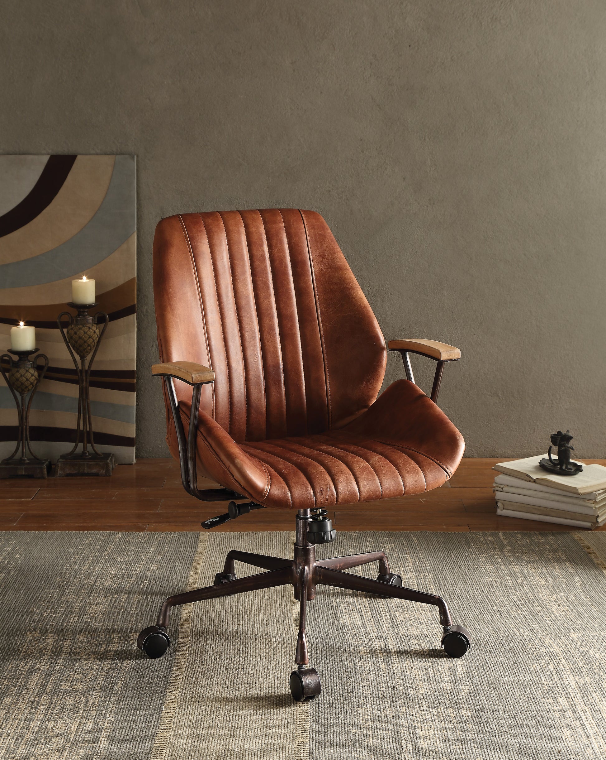 Brown distressed leather executive office chair with vertical channel tufting and wooden armrests