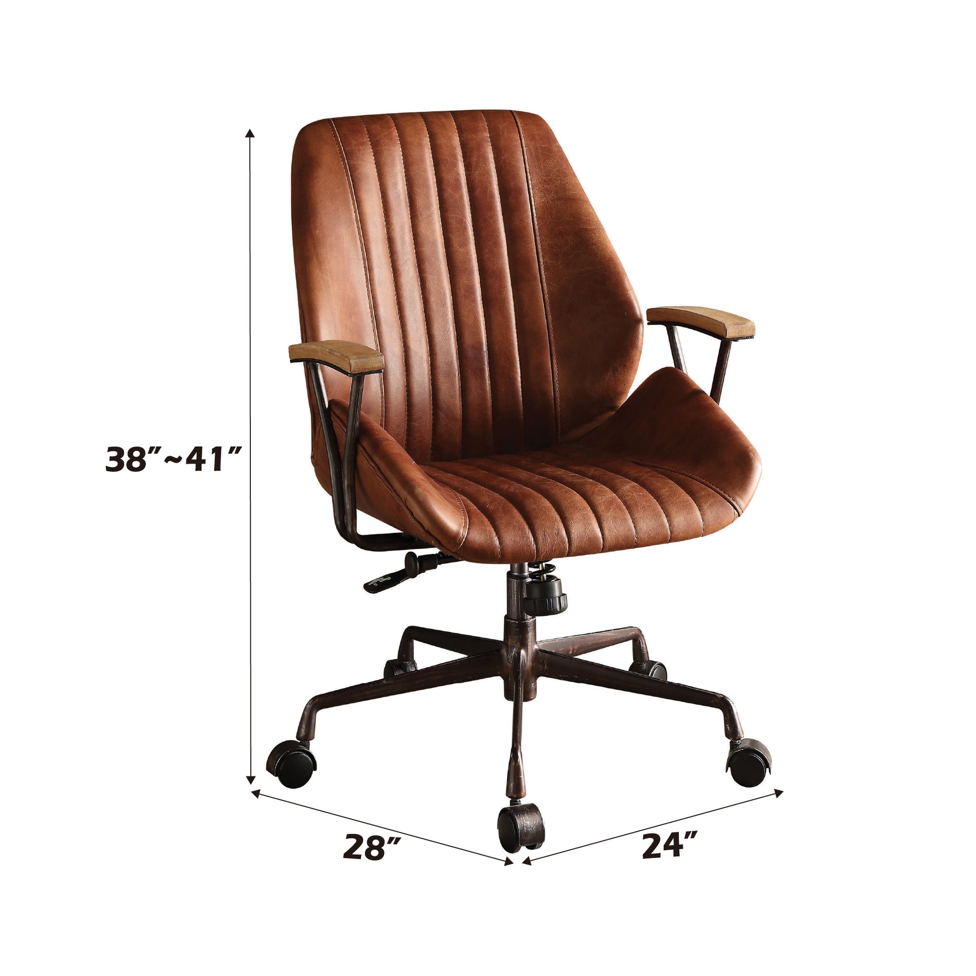 Brown leather executive chair with channel tufting and wooden armrests