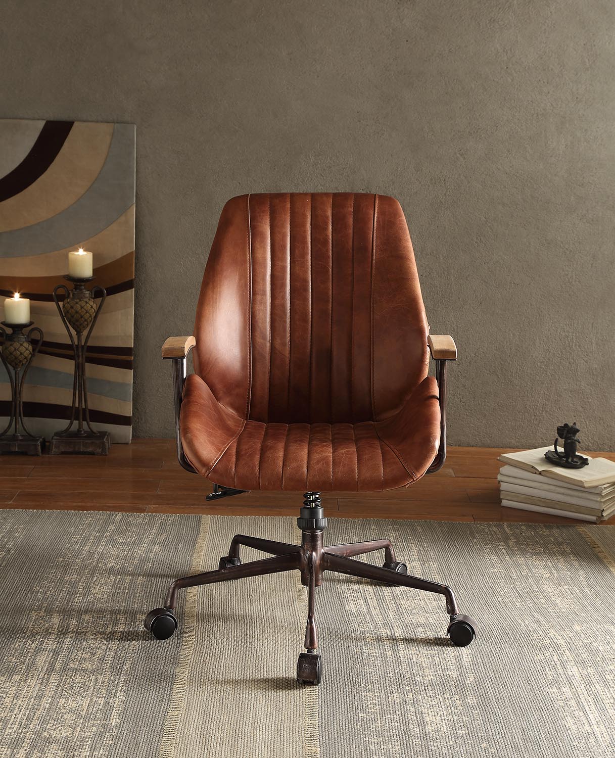 Brown distressed leather executive chair with channel tufting and wooden armrests