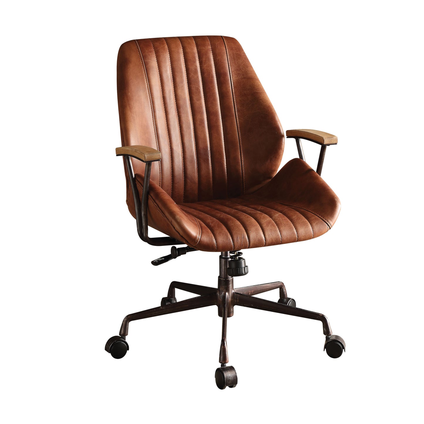 Vintage brown leather office chair with stitched details and metal base