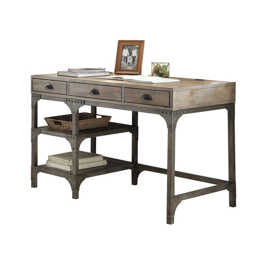 Rustic brown wood writing desk with metal frame and three drawers