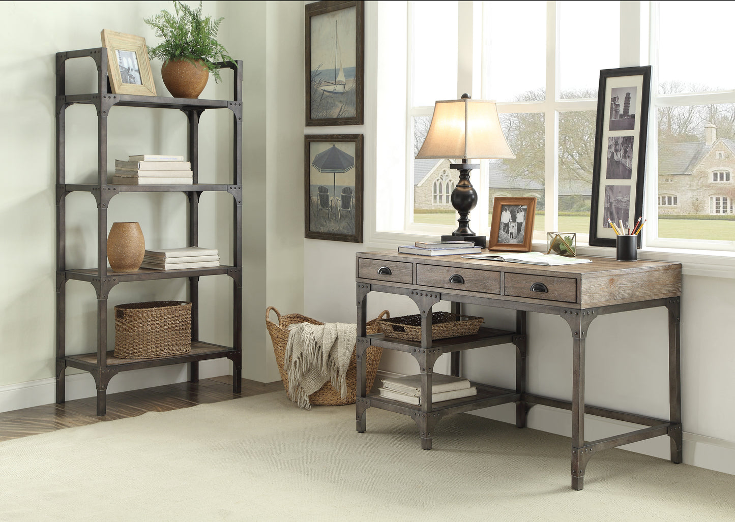 Rustic metal bookshelf with wooden shelves and decorative items
