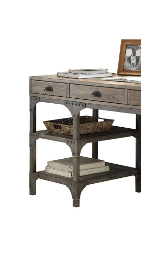 Rustic grey wood desk with metal accents and two drawers