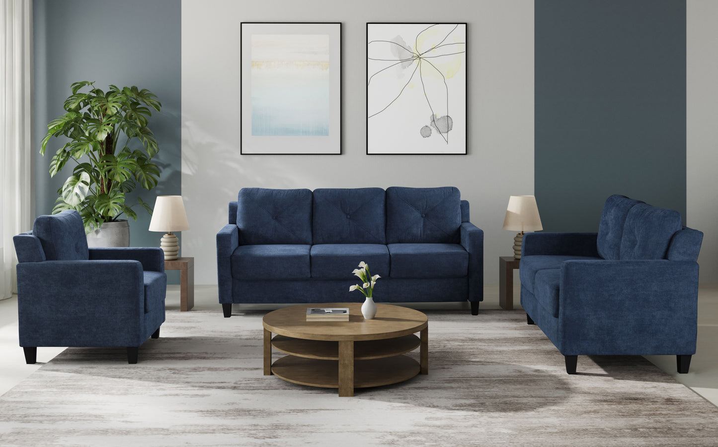 Deep blue upholstered sofa with tufted cushions and track arms