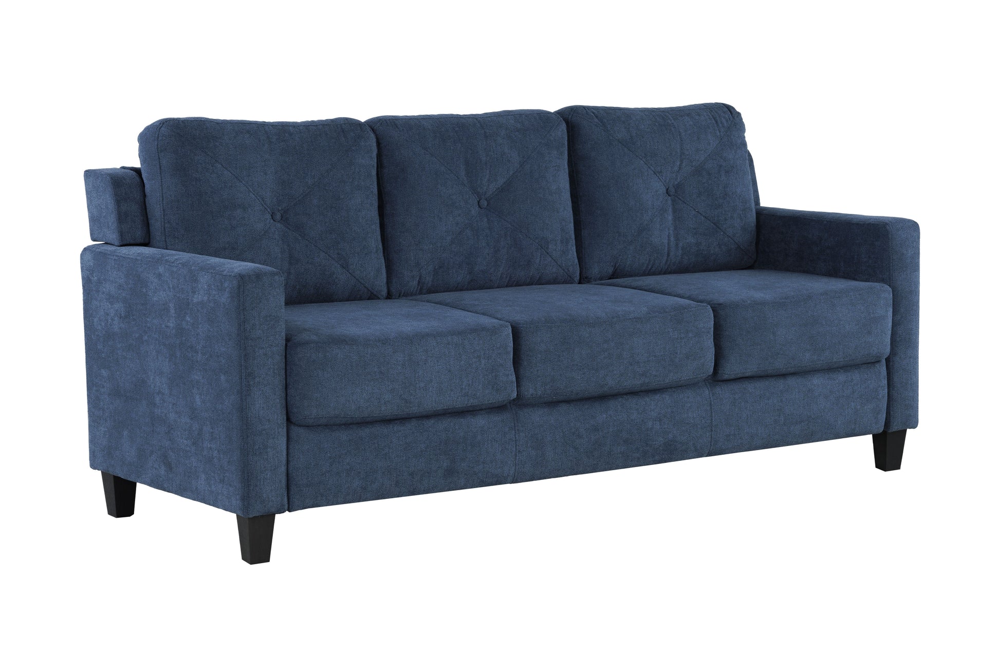 Navy blue fabric sofa with diamond tufted back cushions and black wooden legs