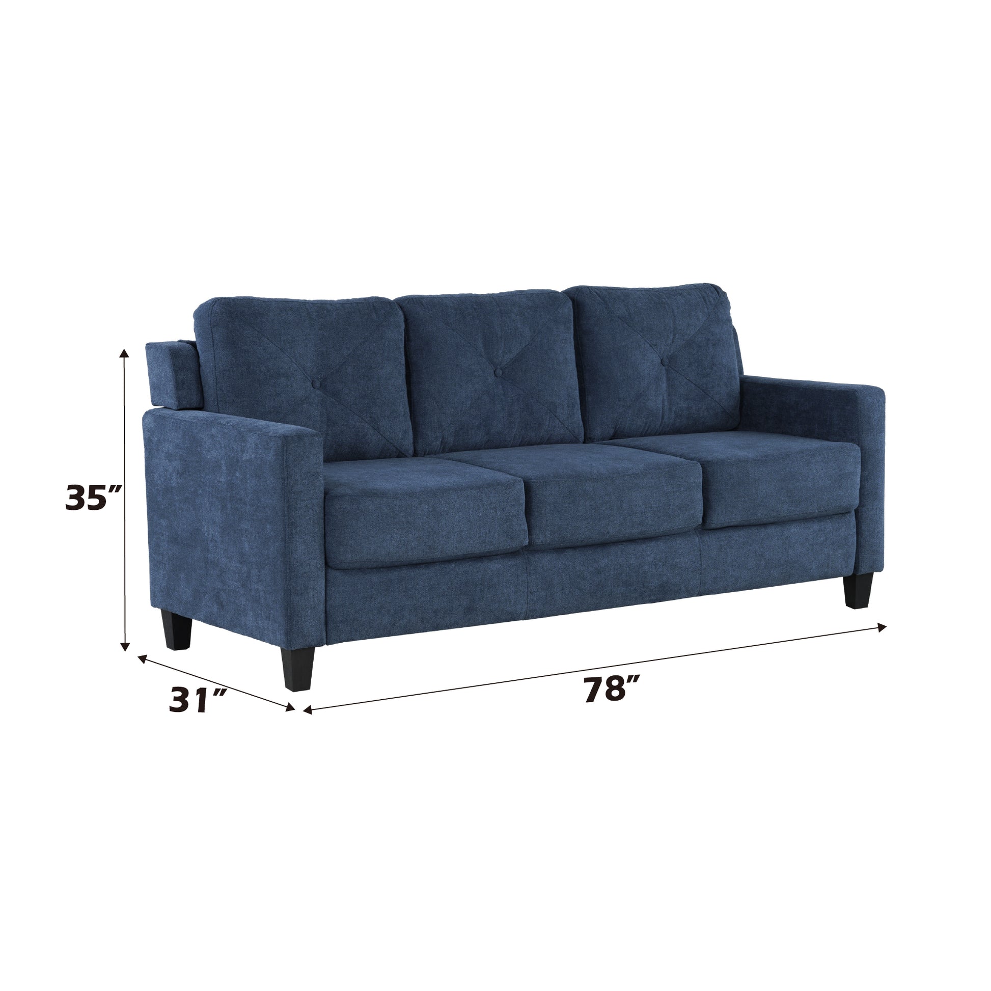 Navy blue upholstered sofa with diamond tufting on back cushions  inches wide