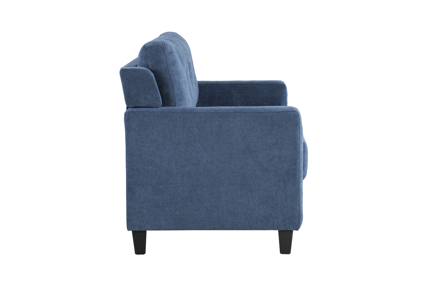 Blue fabric sofa with clean lines and dark wooden legs