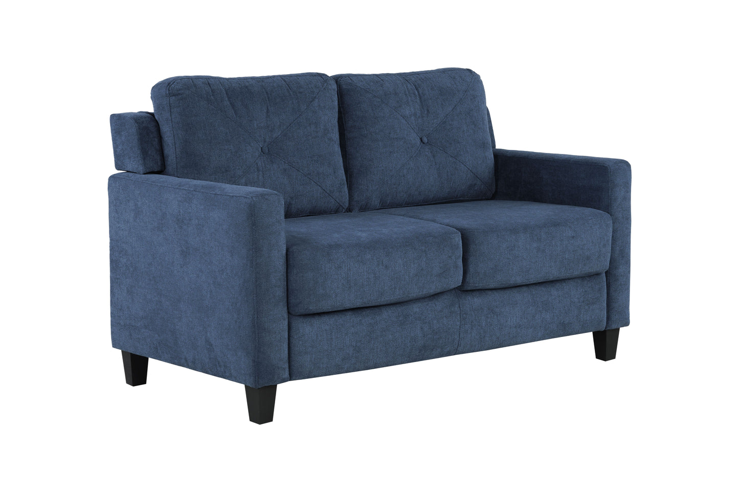 Blue linen upholstered loveseat with diamond tufting and adjustable headrests